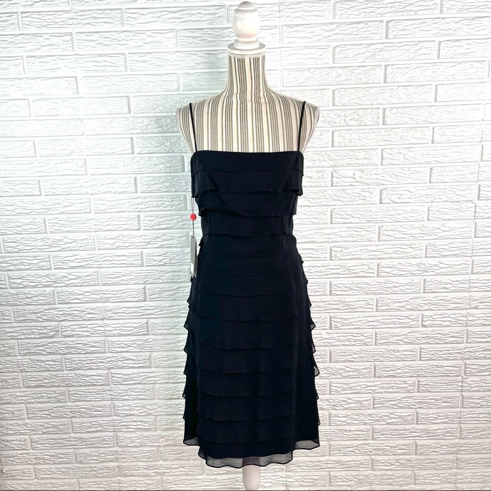 Tadashi Collection Black Tiered Ruffled Midi Bodycon Cocktail Dress Size 4